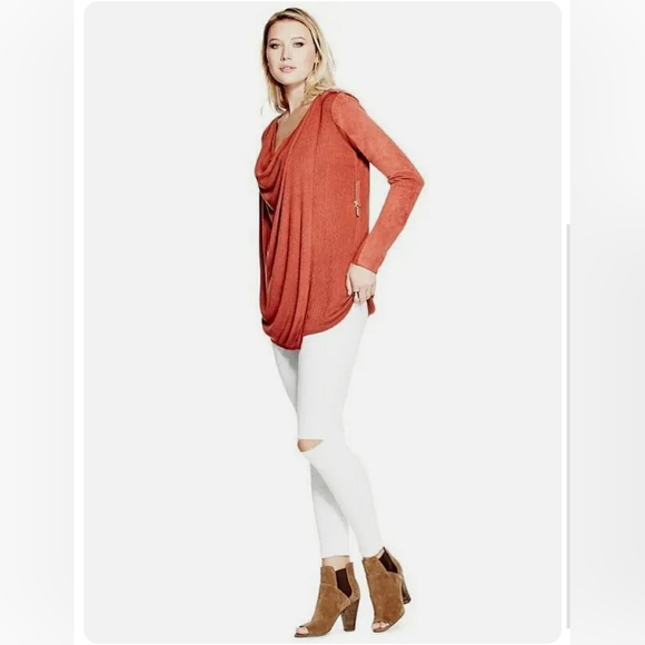 GUESS Anisa Faux Suede Sleeve Drape Sweater (Pullover Coverup Cardigan) - Picture 2 of 8